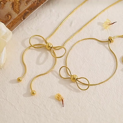 18K Gold Plated Stainless Steel Creative Tassel Bead Pull Butterfly Design Pendant Necklace Bracelet Set
