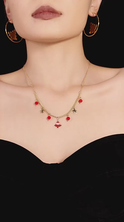 Gold Stainless Steel Christmas Candy Apple Multi-Layer Necklace, Bracelet & Asymmetric Earrings – Holiday Jewelry Gift Set