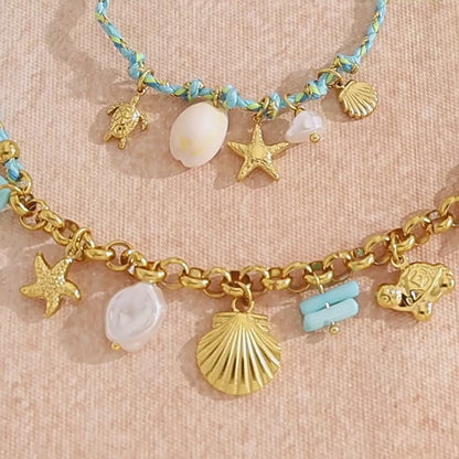 18K Gold Plated Titanium Steel Bohemian Woven Cord Ocean Element Pendant Necklace & Bracelet Set