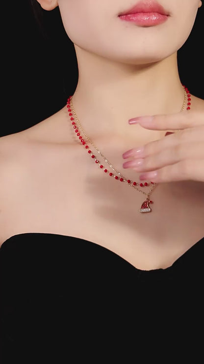 Gold Plated Stainless Steel Double-Layer Christmas Hat Necklace & Bracelet – Zircon & Garnet
