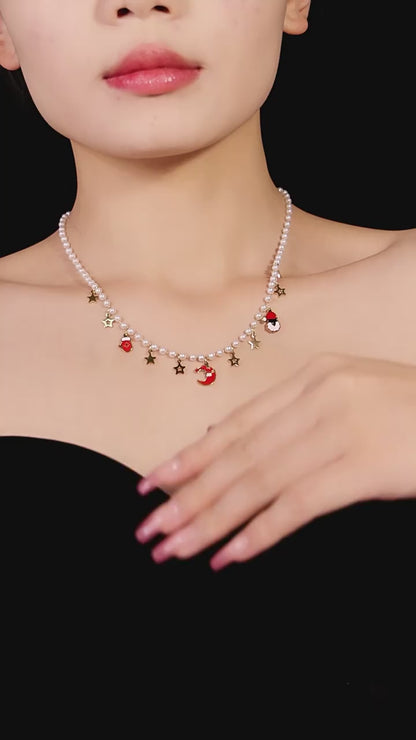 Christmas Santa Hat Star Gloves Pendant Necklace & Bracelet Set – Gold Plated Stainless Steel with Faux Pearl & Enamel