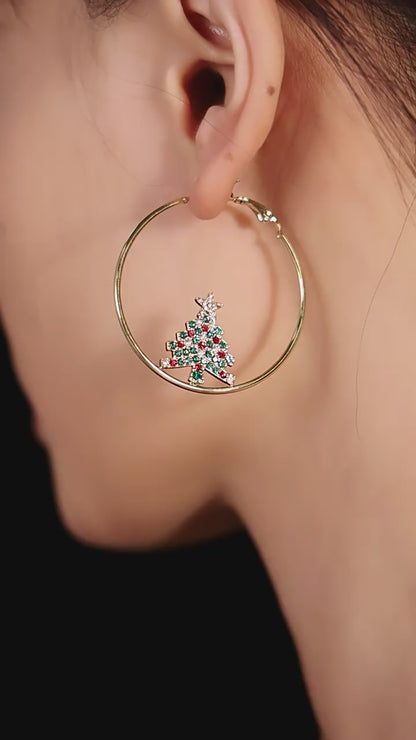 Gold Stainless Steel Christmas Tree Zircon Hoop Earrings | Festive Statement Jewelry for Holiday Style – WANTI Jewelry