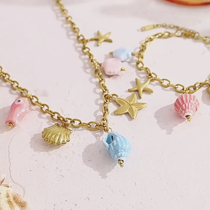18K Gold Plated Titanium Steel Ocean-Themed Dopamine Ceramic Starfish and Seashell Pendant Necklace & Bracelet Set