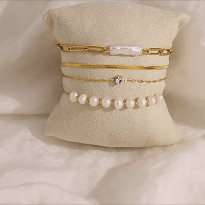 18K Gold Plated Stainless Steel Pearl Bracelet – Elegant Layered Chain Design | Timeless Fashion Jewelry Gift for Women