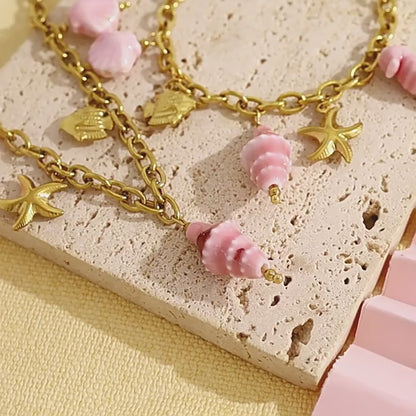 18K Gold Plated Stainless Steel Creative Beach Style Starfish Shell Seahorse Conch Pendant Ceramic Clavicle Necklace Bracelet Set