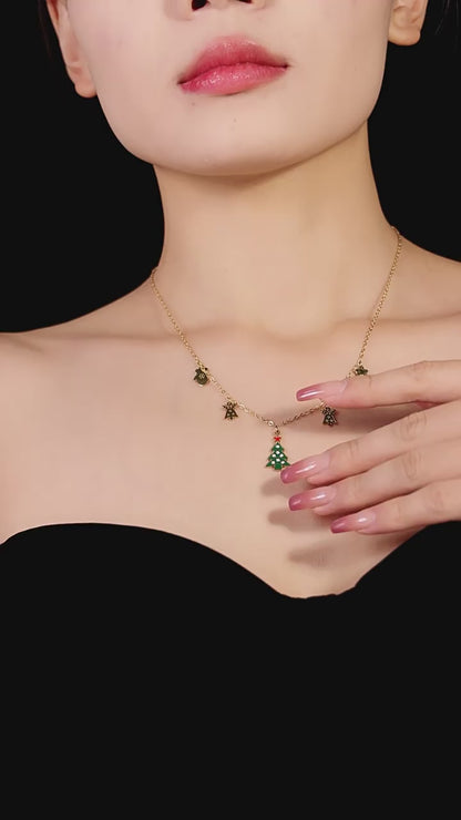 Gold Stainless Steel Christmas Necklace | Green Christmas Tree Pendant with Oil Drop & Zircon