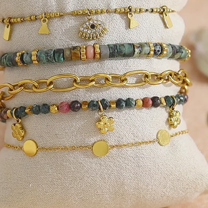 18K Gold Plated Titanium Steel Bohemian Style Multicolor Beaded Evil Eye Pendant Bracelet Set
