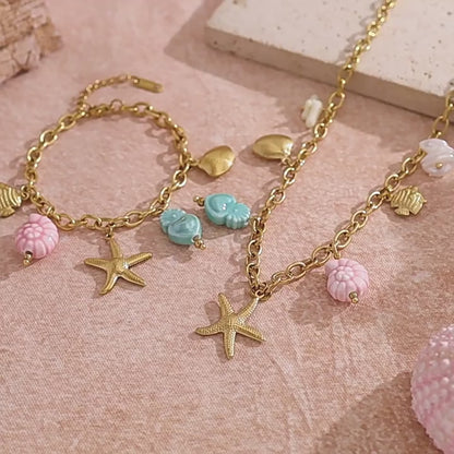 18K Gold Plated Stainless Steel Creative Ocean Style Colorful Fish Shell Seahorse Starfish Ceramic Pendant Necklace Bracelet Set