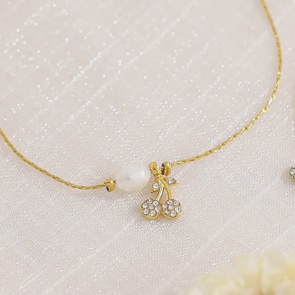 New Pearl Cherry Pendant Necklace & Bracelet Set – Sweet Fashion Jewelry Gift