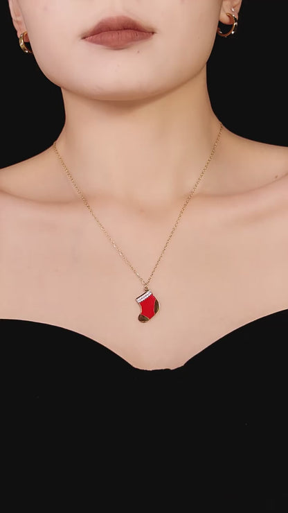 Gold Stainless Steel Christmas Bell & Reindeer Zircon Pendant Necklace | Festive Holiday Jewelry Gift