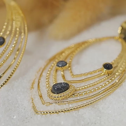 Stainless Steel Vintage Leaf Earrings with Turquoise and Crystal – Retro Statement Dangle Earrings for Women