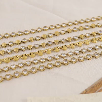 18K Gold Plated Stainless Steel Cubic Zirconia Bracelet – Heart, Circle & Flower Design | Luxury Jewelry